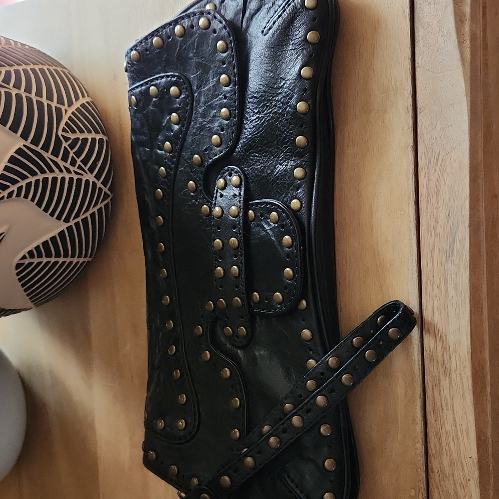 Kooba Black Leather Clutch with Brass Studs/hardware
